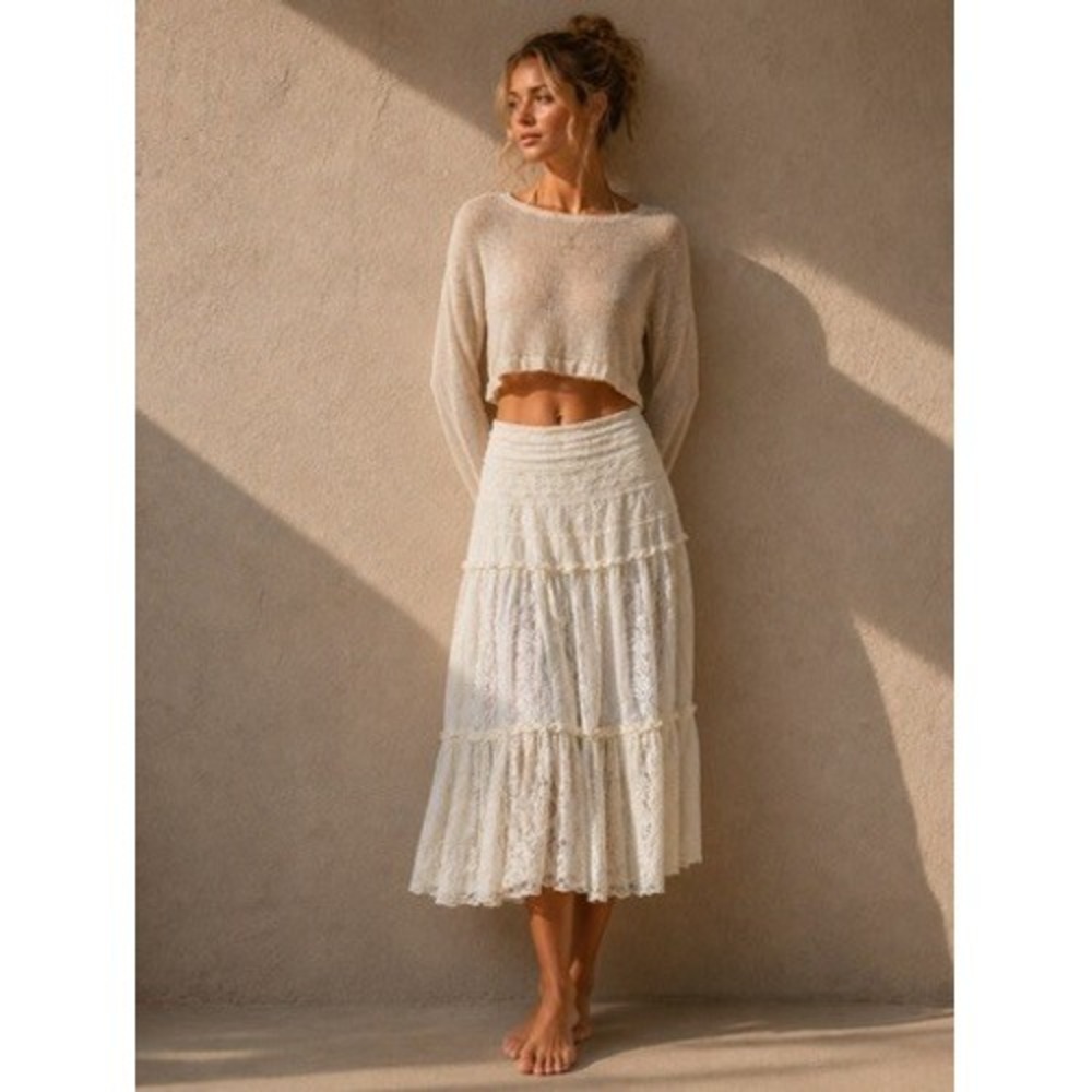 Fashion Nova Cream Lace Tiered Midi Skirt